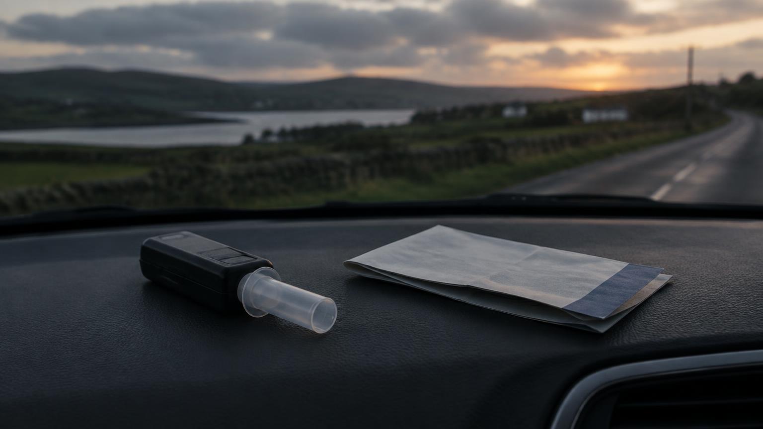 A roadside breathalyser and notice on a car dashboard at dusk